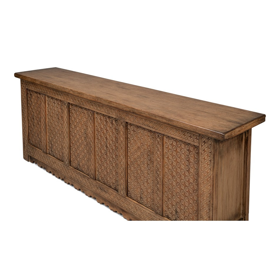 Rustic Carved Moroccan Sideboard, 98" - Burnt-Brown Reclaimed Pine with Geometric Door Panels - additional view