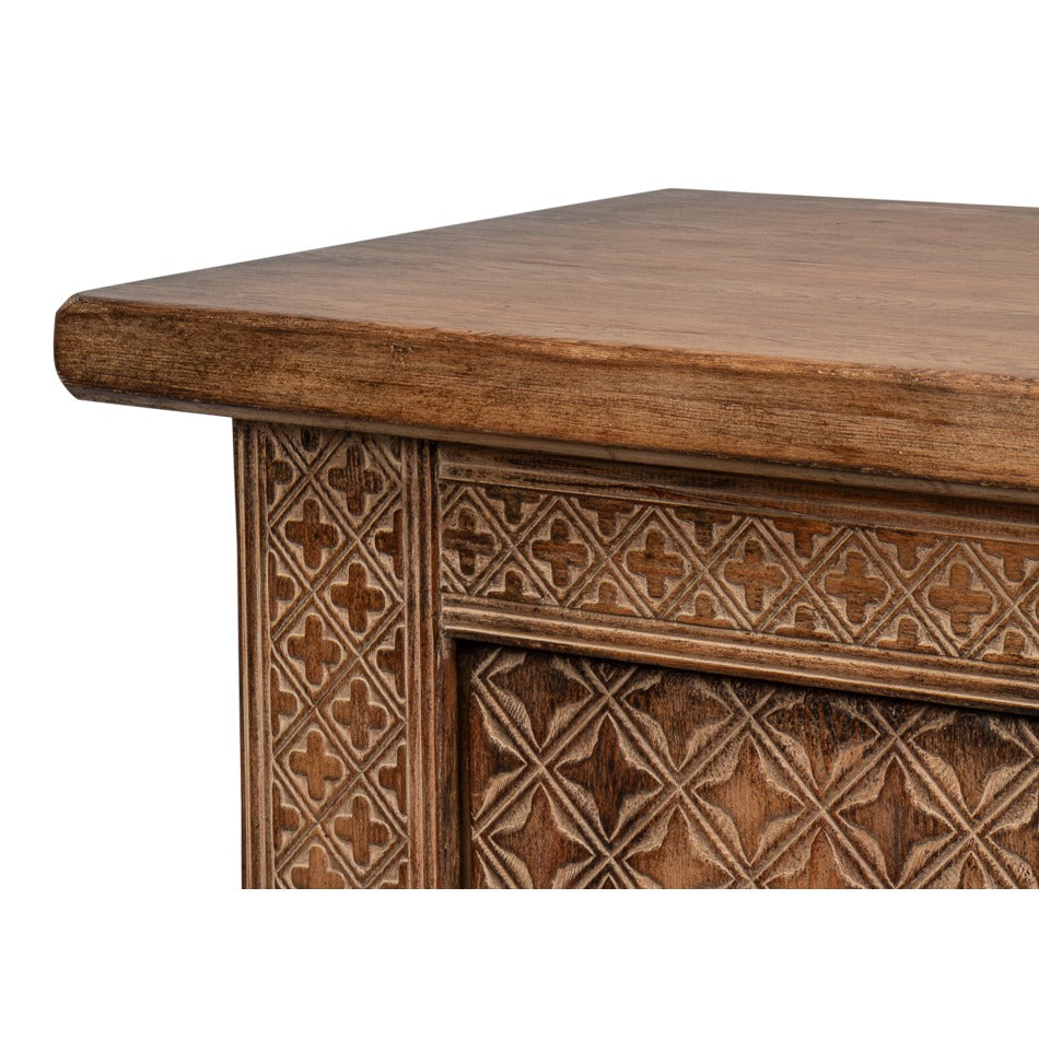 Rustic Carved Moroccan Sideboard, 98" - Burnt-Brown Reclaimed Pine with Geometric Door Panels - additional view