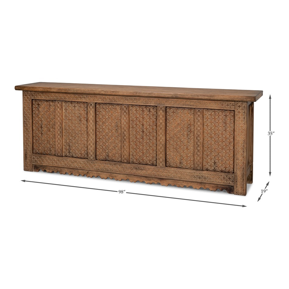 Rustic Carved Moroccan Sideboard, 98" - Burnt-Brown Reclaimed Pine with Geometric Door Panels - dimension drawing