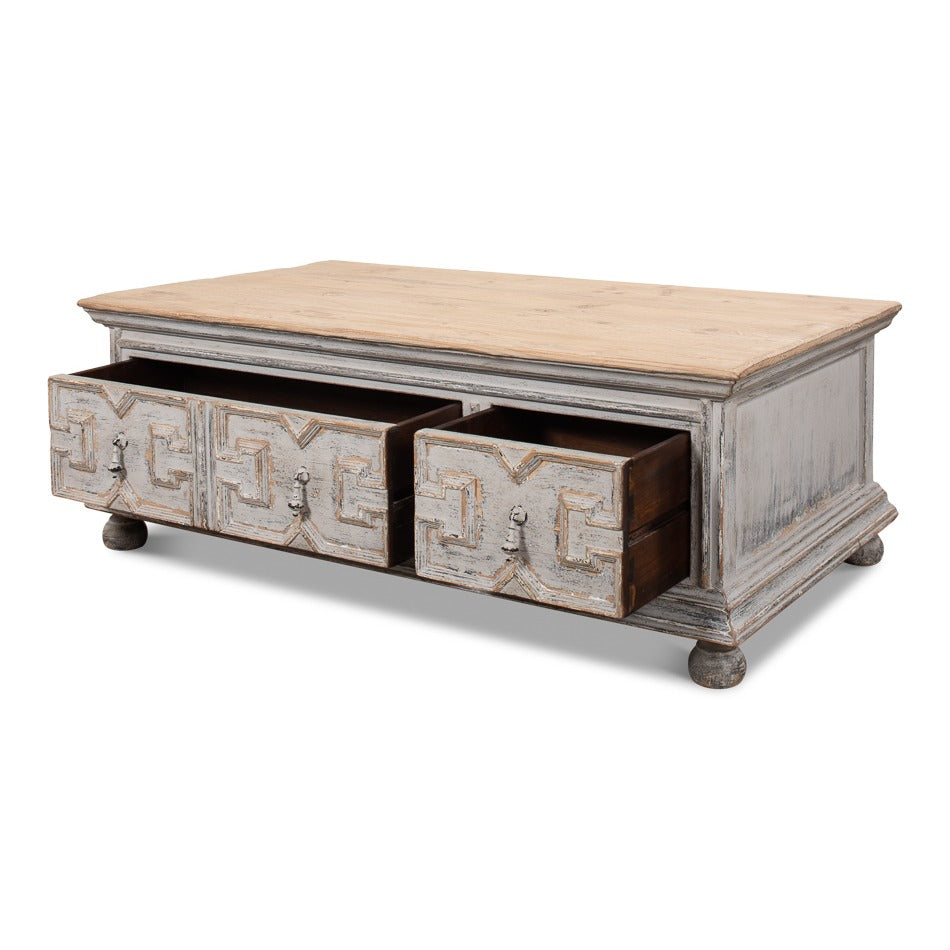 Traditional Carved Coffee Table – Antique Swedish Gray Pine - additional view