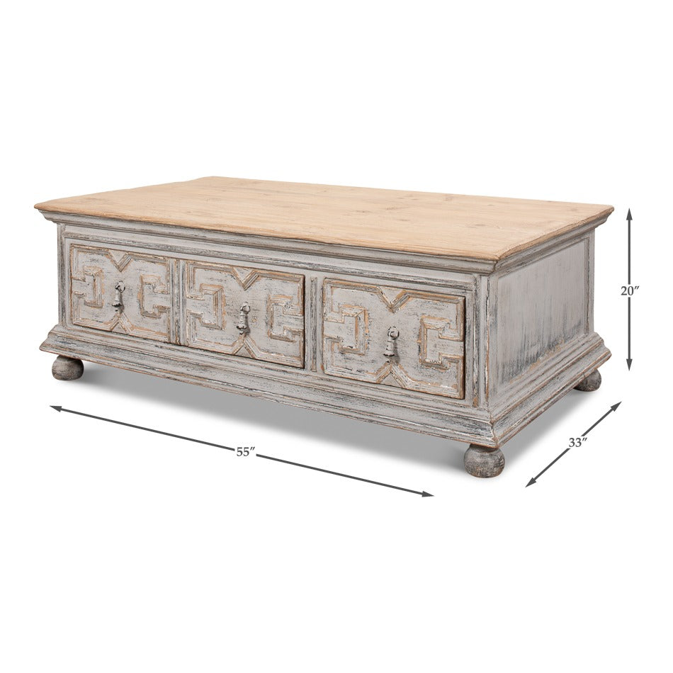 Traditional Carved Coffee Table – Antique Swedish Gray Pine - dimension drawing