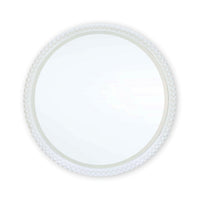 Round beaded mirror with white frame, full view.