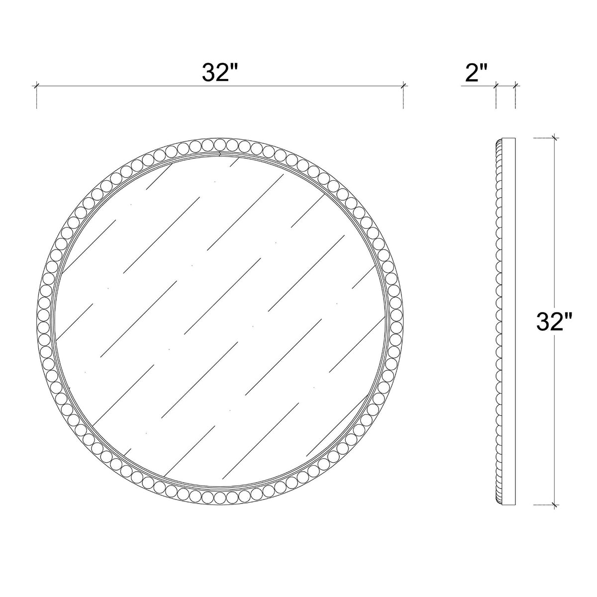Dimensions of round wooden beaded mirror, 32 inches diameter.