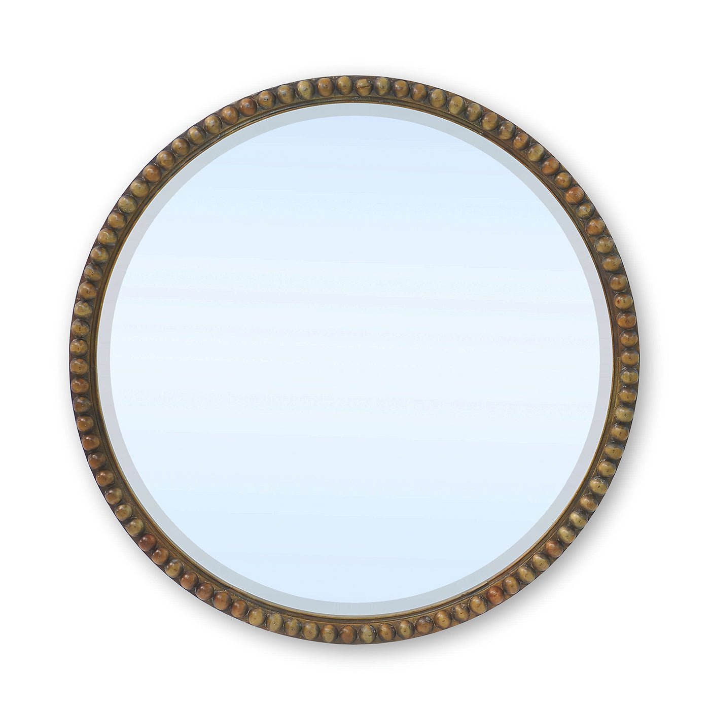 Round wooden beaded mirror on white background.