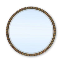 Round wooden beaded mirror on white background.