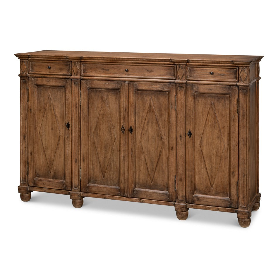 French Provincial Pine Sideboard with Diamond Panel Doors - Warm Brown - styled view