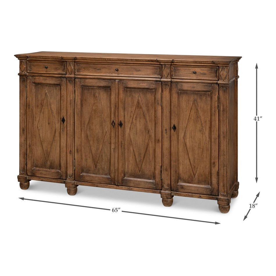 French Provincial Pine Sideboard with Diamond Panel Doors - Warm Brown - dimension drawing