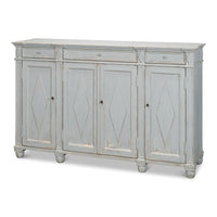 French Provincial Sideboard with a Distressed Blue-Grey Finish - styled view