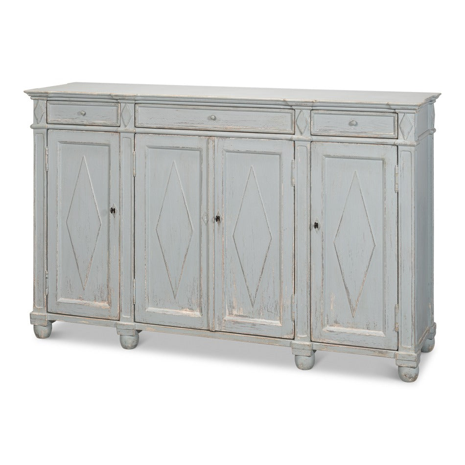French Provincial Sideboard with a Distressed Blue-Grey Finish - styled view