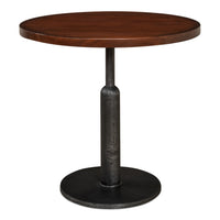 round walnut bistro table on a gunmetal iron pedestal base