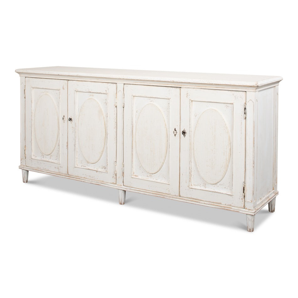 French Provincial Reeded Sideboard, 78" – Whitewashed with Oval Medallions – styled view