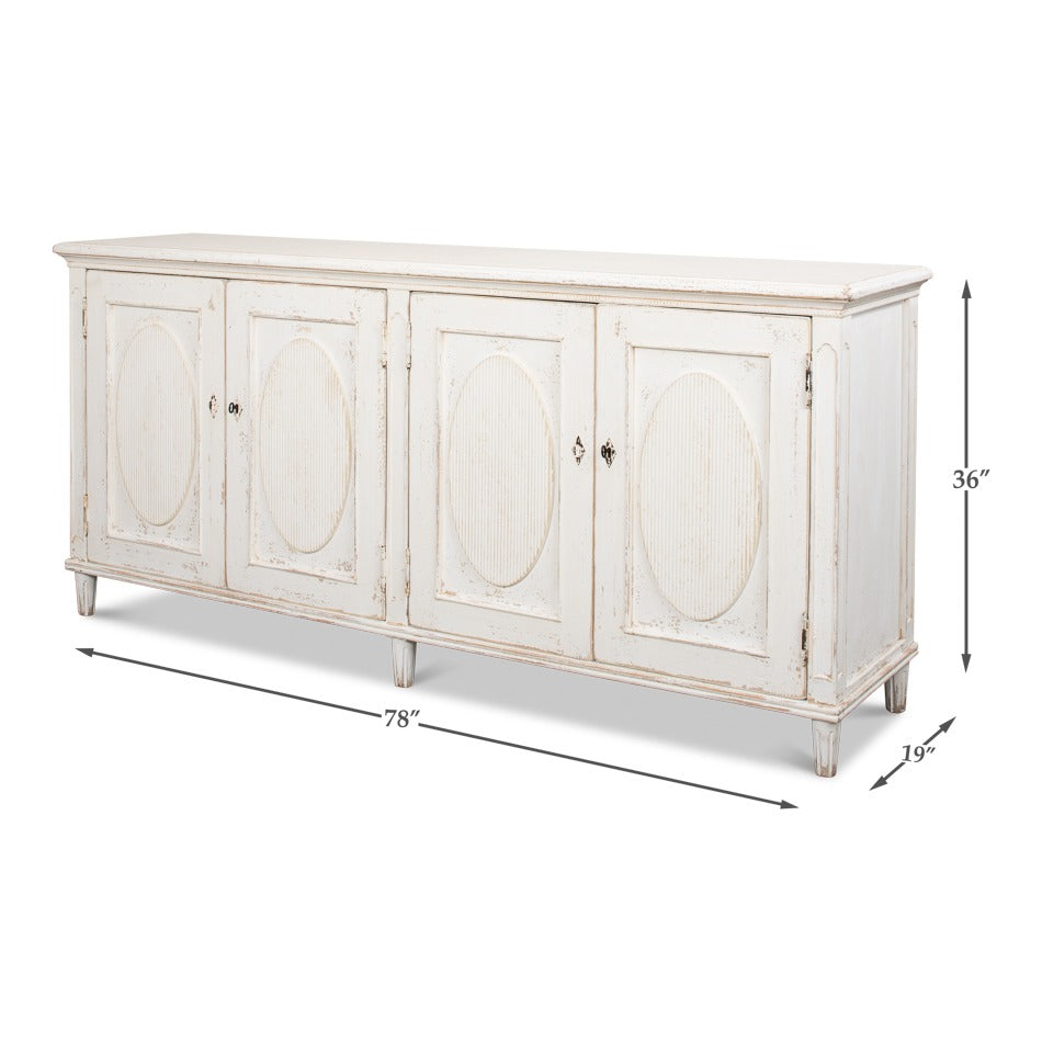 French Provincial Reeded Sideboard, 78" - Whitewashed with Oval Medallions - dimension drawing