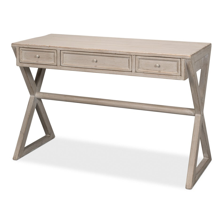 Rustic trestle writing desk in stone gray reclaimed fir with three drawers