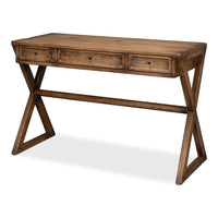 Rustic trestle writing desk in brown reclaimed fir with three drawers