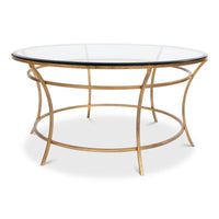 Glass-Top Round Coffee Table with Antique Gold Iron Base - additional view