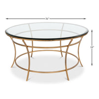 Glass-Top Round Coffee Table with Antique Gold Iron Base - dimension drawing