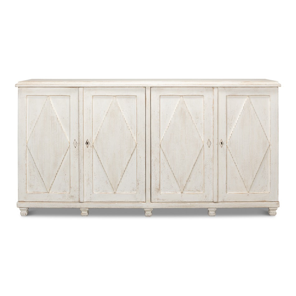 French Country 4-Door Sideboard, 88" - Whitewashed Reclaimed Pine with Carved Diamond Doors - additional view