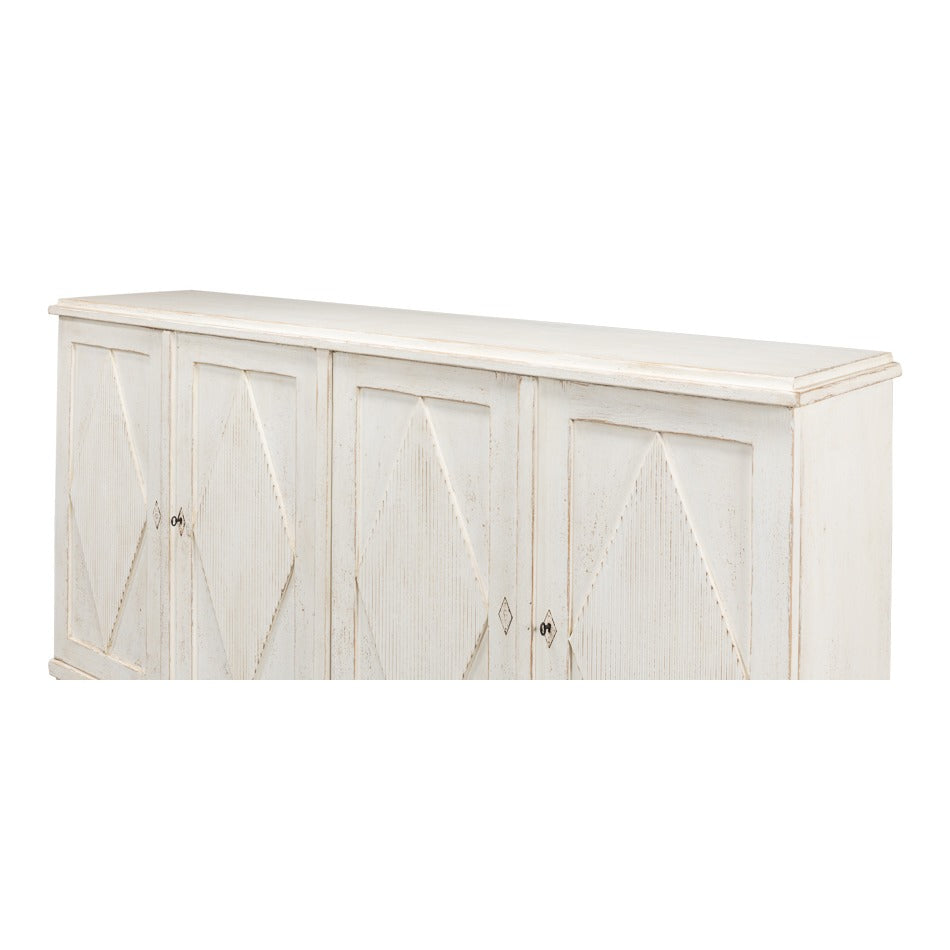 French Country 4-Door Sideboard, 88" - Whitewashed Reclaimed Pine with Carved Diamond Doors - additional view
