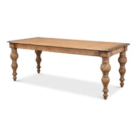 Traditional 84-inch reclaimed pine dining table with turned ball-and-ring legs and stony gray-black washed finish