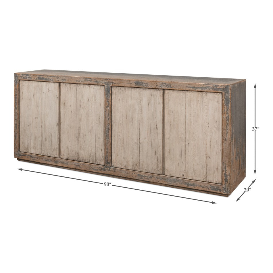 Transitional Reclaimed Pine Sideboard, 90" - Soft Grey Two-Tone - dimension drawing