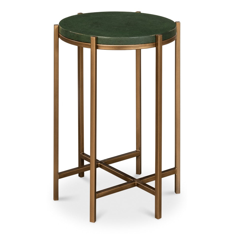 Green shagreen round side table with antique gold metal base and X stretcher
