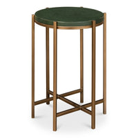 Green shagreen round side table with antique gold metal base and X stretcher