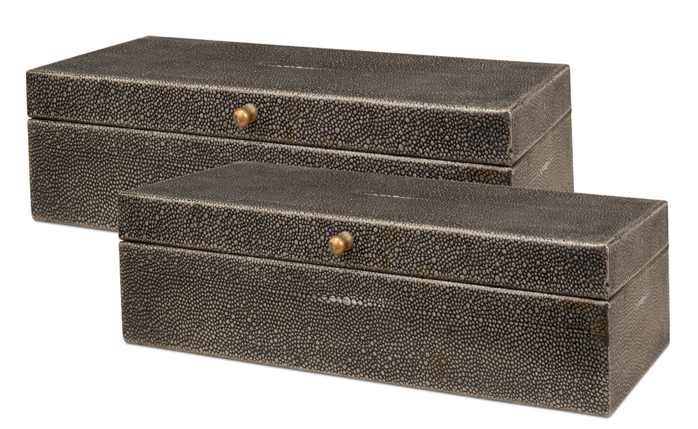 Shagreen Leather Box in Antique Gray, Set of 2