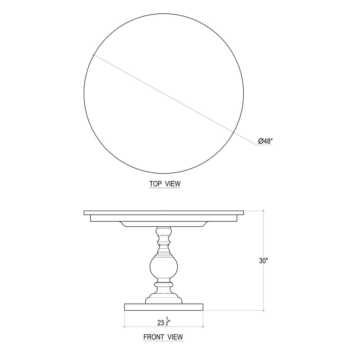 Diagram of round dining table dimensions and design.