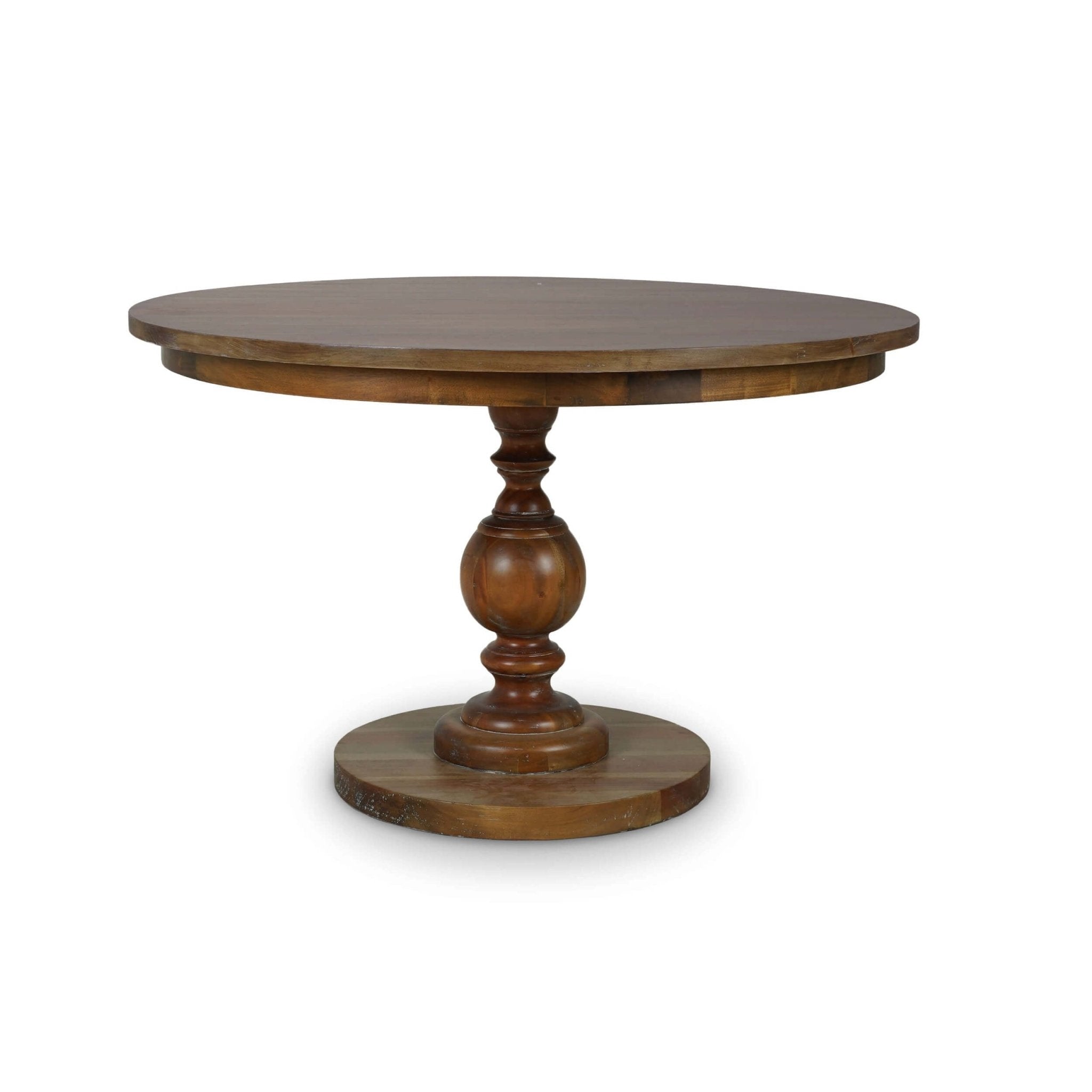 Round pedestal dining table with brown finish, front view.