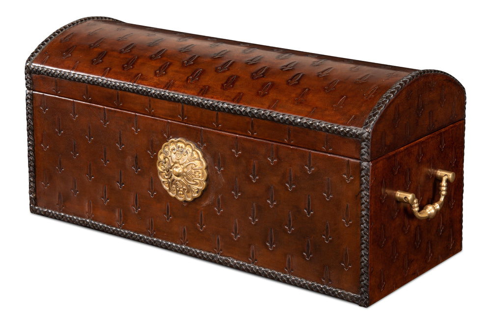 Dome-Top Tooled Leather Box in Chestnut with Brass
