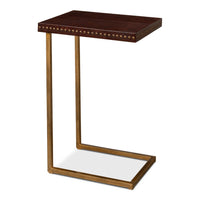 Leather top C-table with antique brown leather and antique brass sled base