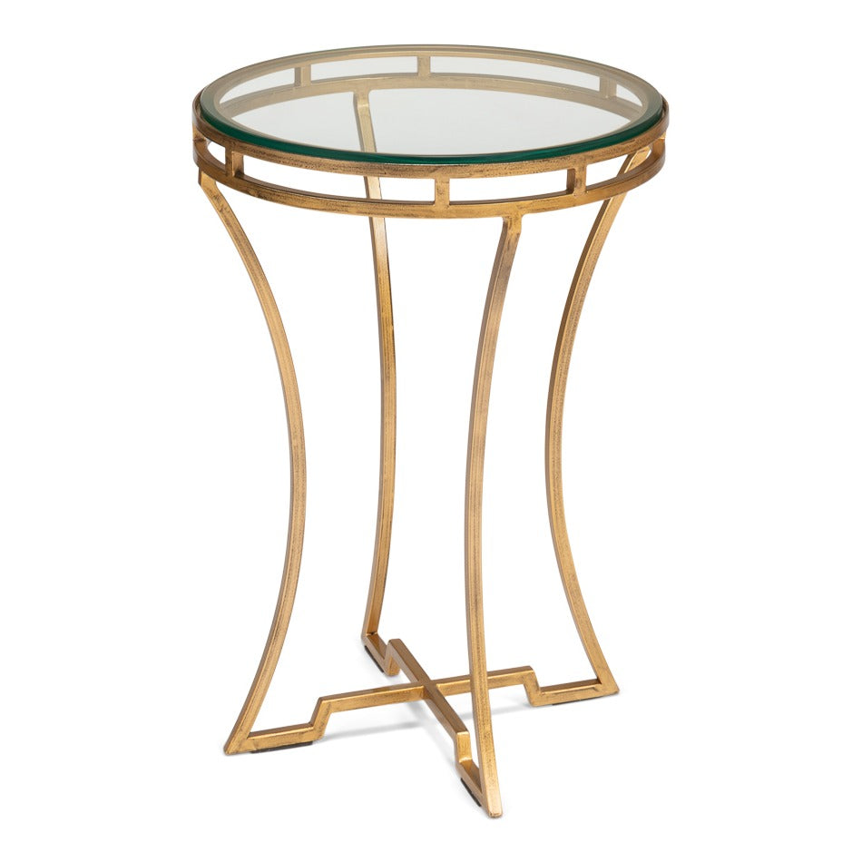 Brass gallery round drink table with plain glass top and slender flared antique brass legs