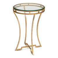 Brass gallery round drink table with plain glass top and slender flared antique brass legs