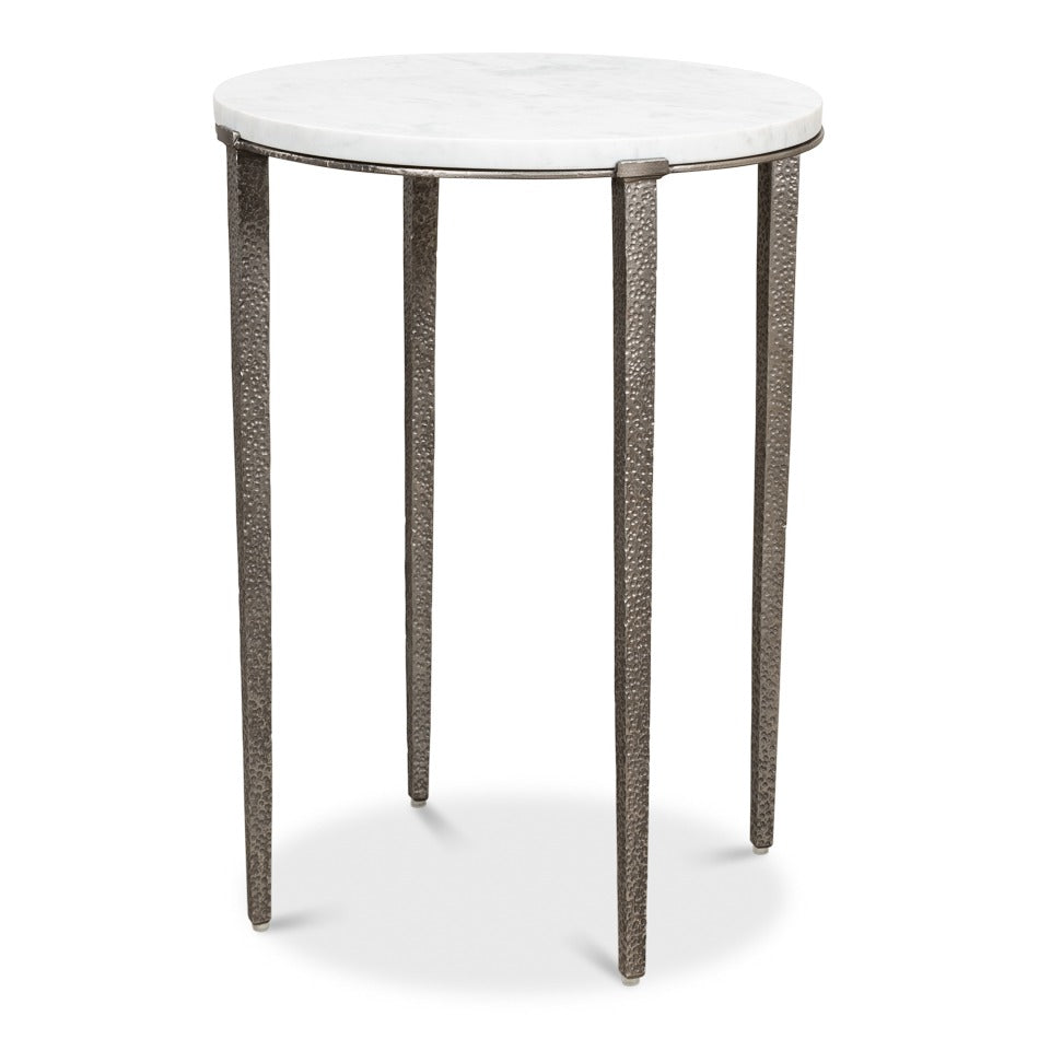 Round side table with white marble top on slim iron base in antique nickel finish