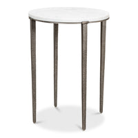 Round side table with white marble top on slim iron base in antique nickel finish