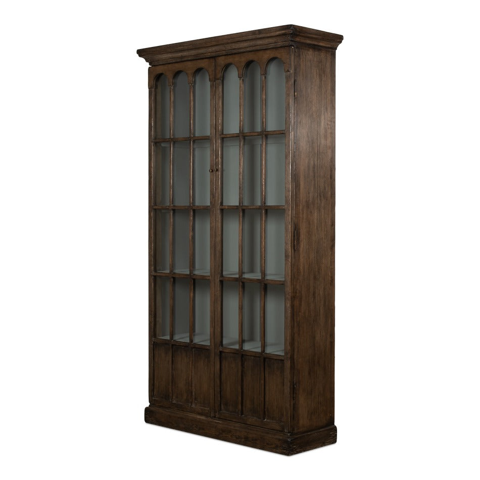 Traditional Pine Bookcase – Arched Glass Doors – styled view