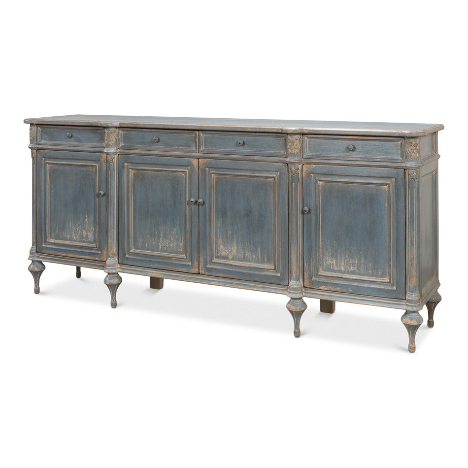 Long blue-grey painted French Provincial pine sideboard with four drawers, four paneled doors, carved rosettes, and turned baluster legs