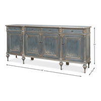 French Provincial Pine Sideboard with Carved Rosettes and Turned Legs - dimension drawing