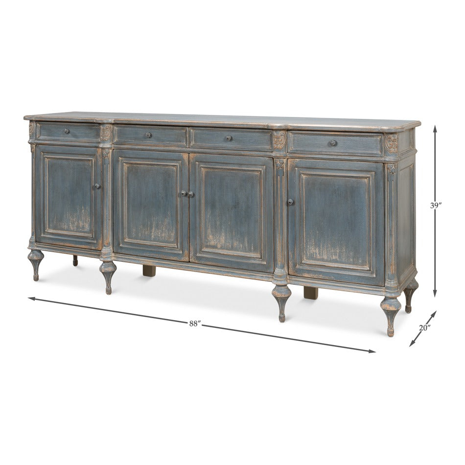 French Provincial Pine Sideboard with Carved Rosettes and Turned Legs - dimension drawing