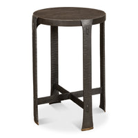 Round side table with acacia wood top on hand-forged iron base in moleskin gray finish with brass-tipped feet