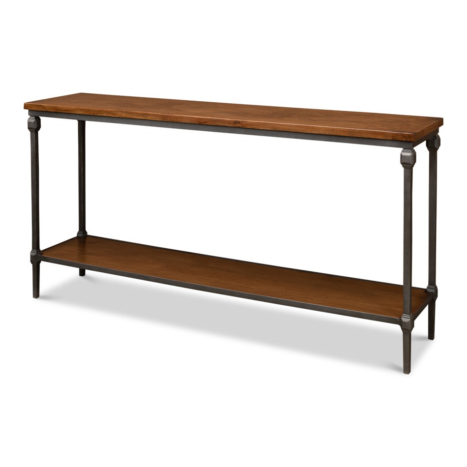 transitional console table with a parquet-pattern fruitwood acacia top and a slim gunmetal cast-iron base with lower display shelf