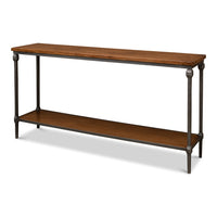 transitional console table with a parquet-pattern fruitwood acacia top and a slim gunmetal cast-iron base with lower display shelf