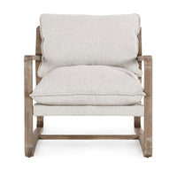 Front view of the Natural sling chair with flanged cushions and open wood arms