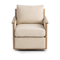 Front view of the Natural swivel chair with pale cushions and straight ash arms
