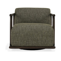 Front view of the Kale Green swivel chair with a broad seat and dark wood arms