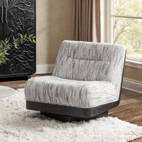 Cocoa Cream swivel chair styled on a white shag rug beside a window