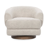 Front view of the Dusty Beige swivel chair with rounded arms and a dark wood base