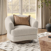 Dusty Beige swivel chair styled with a brown pillow beside a window