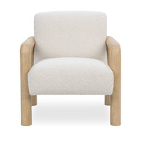 Front view of the Sand accent chair with a wide seat and rounded wood arms