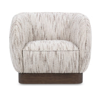 Front view of the Cocoa Cream swivel chair with a rounded seat and dark wood base